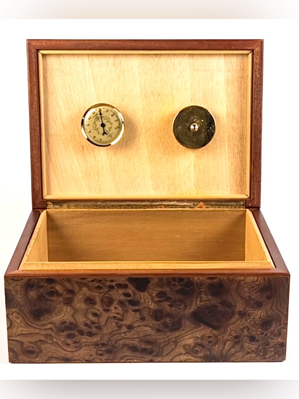 Wood Burl Cigar/Tobacco Humidor Box with Hygrometer, Excellent cond.
